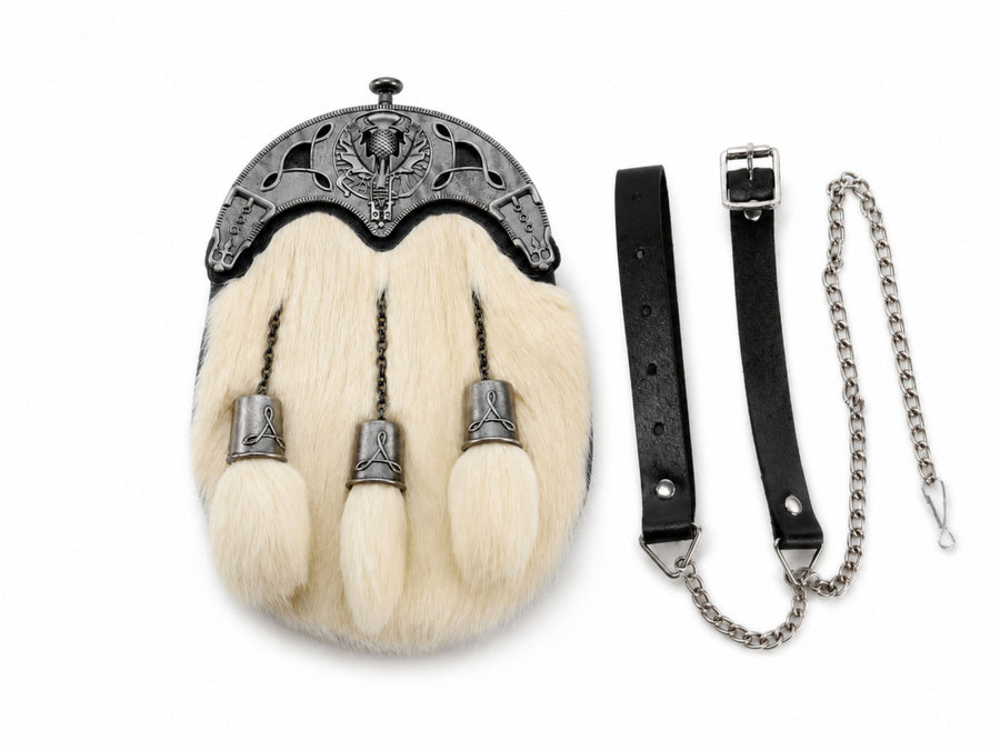 Rabbit Fur Dress Sporran White with Openwork Silver Cantle | B2B Low MOQ