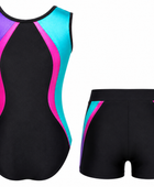 Custom Gymnastics Leotard and Shorts Set | Wholesale Gym Team Set | Black Purple Teal Pink | Apparels Bridge