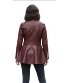 Women’s Burgundy Lambskin Leather Peplum Jacket Wholesale Custom Private Label Outerwear Manufacturer