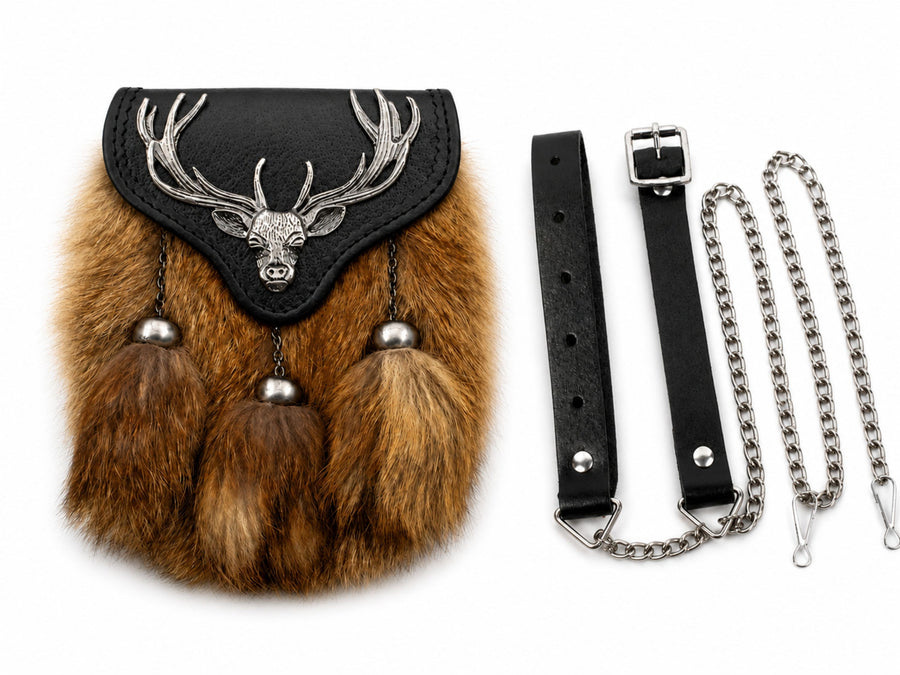 Fox Fur Semi Dress Sporran Brown with Stag Motif Flap | B2B Low MOQ