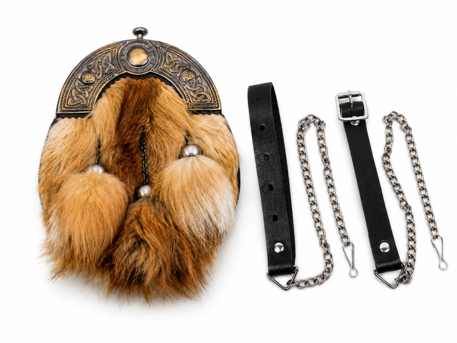 Red Fox Fur Dress Sporran Tan Brown with Engraved Brass Tone Cantle | B2B Low MOQ