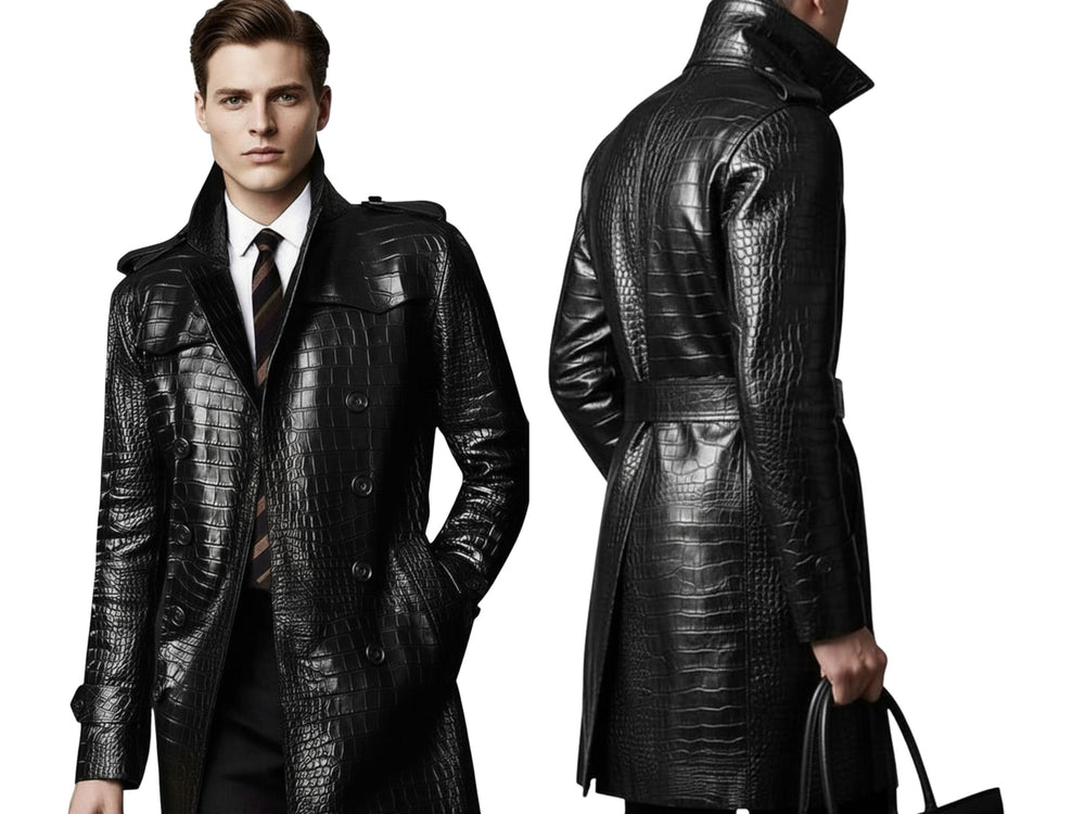 Men’s Black Crocodile Embossed Cowhide Leather Coat Wholesale Custom Private Label Manufacturer front design preview