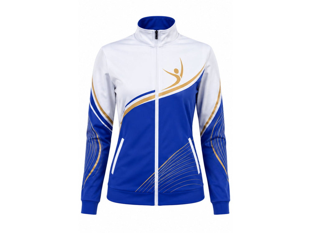 Custom Dance Team Jacket – White, Royal Blue and Gold B2B Wholesale Low MOQ Full-Zip Studio Jacket front design preview