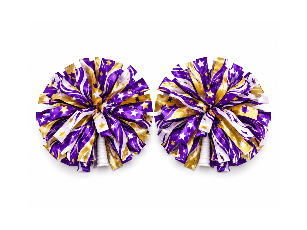 Custom Purple Gold Cheer Poms – Wholesale Cheerleading Pom Poms for Teams front design preview