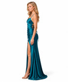Wholesale Teal Satin Slit Prom Dress | Custom Cowl Neck Open Back Gown Manufacturer for Boutiques