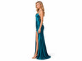 Wholesale Teal Satin Slit Prom Dress | Custom Cowl Neck Open Back Gown Manufacturer for Boutiques
