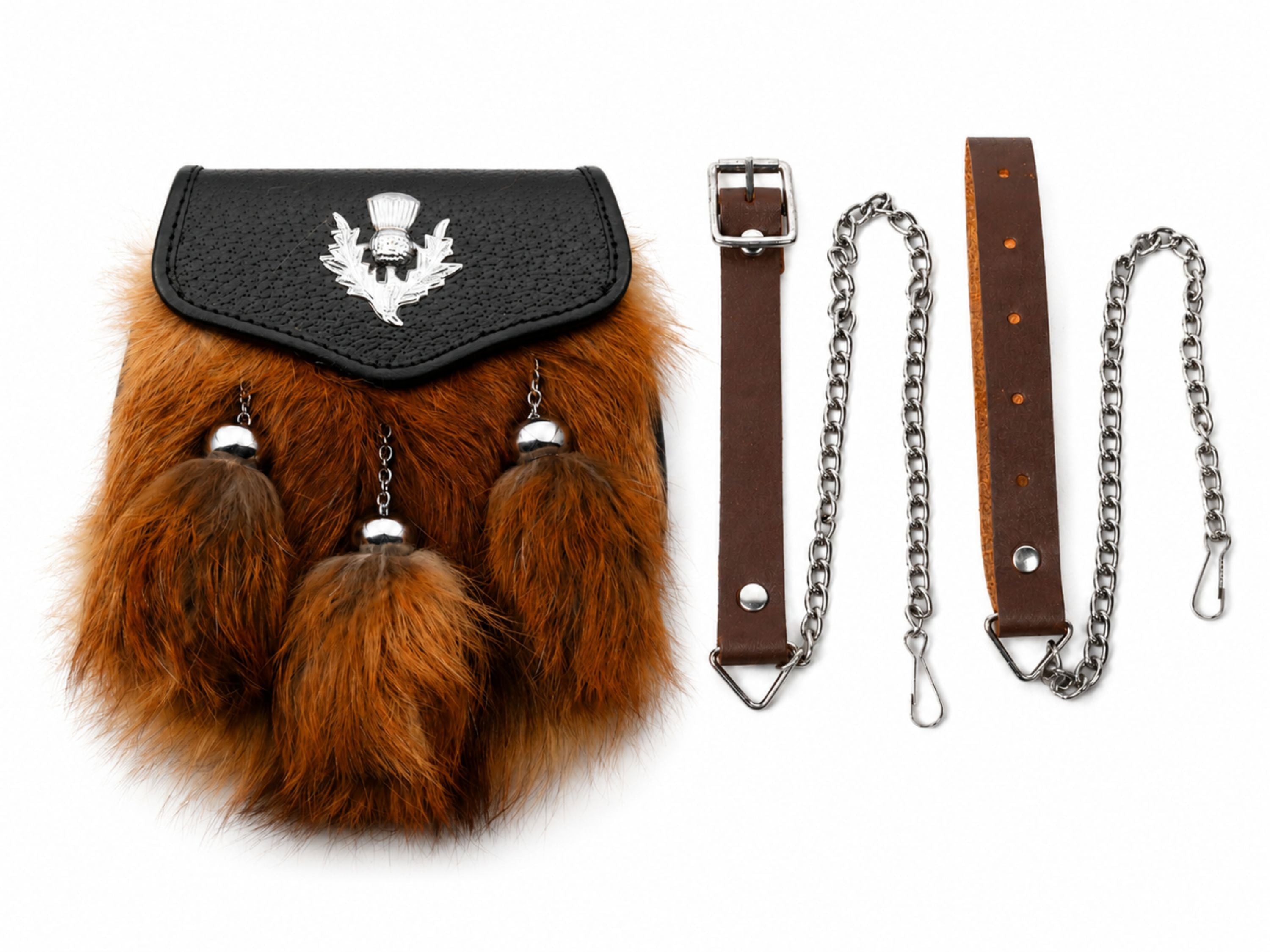 Red Fox Fur Semi Dress Sporran Brown with Thistle Motif | B2B Low MOQ