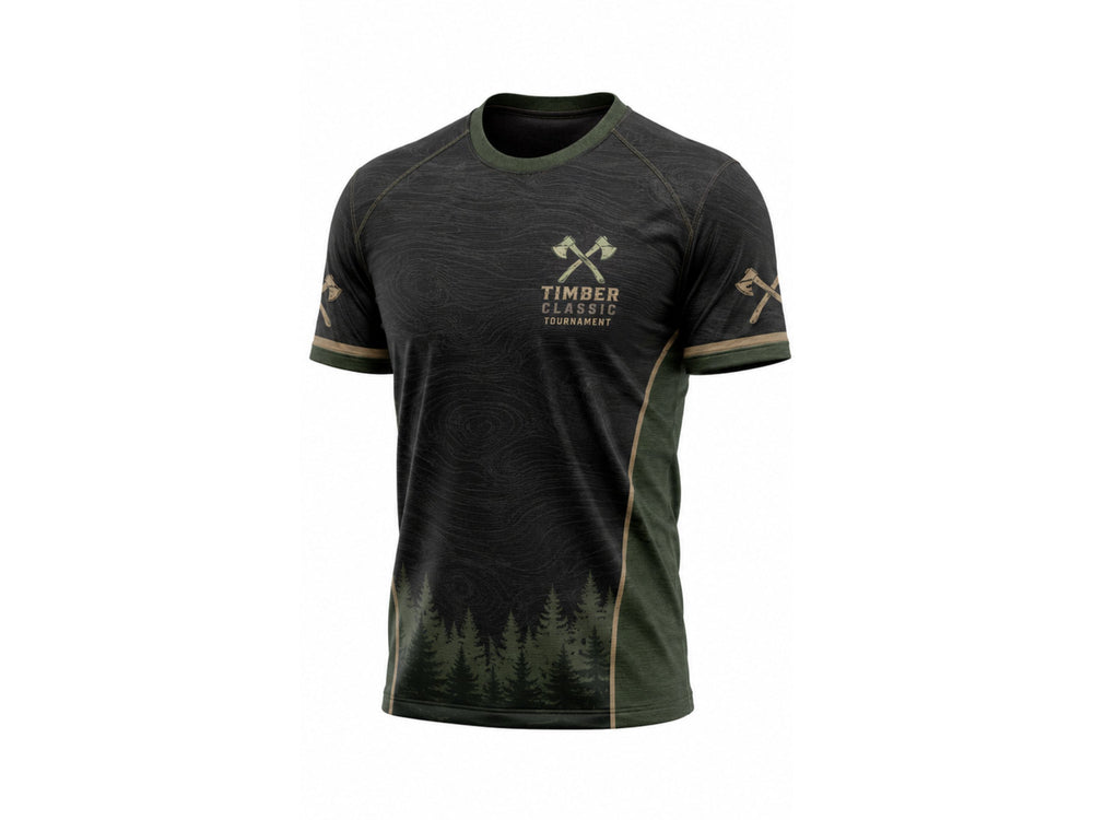 Custom Axe Throwing Tournament Shirt – Dark Green Timber Classic Teamwear for Wholesale Buyers front design preview