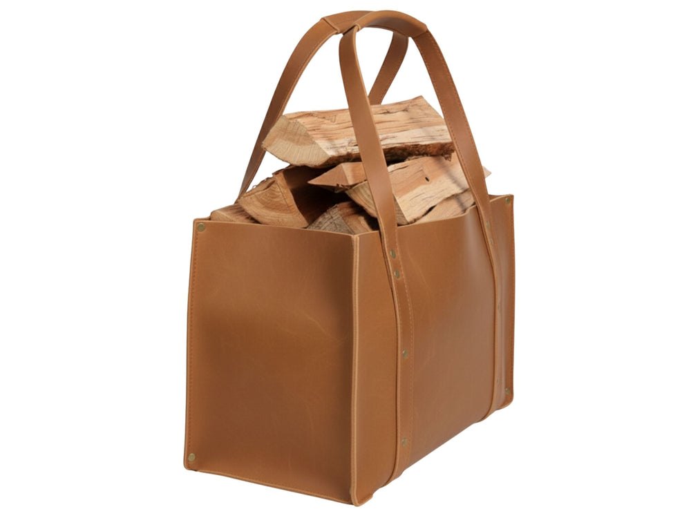 Leather Firewood Carrier Wholesale | Buffalo Leather Log Carrier Tote Bag Fireplace Gift Manufacturer front design preview