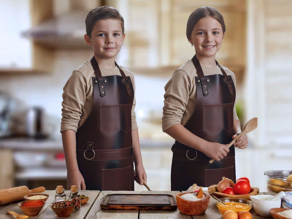 Kids Leather Apron Personalized Cooking Baking BBQ Apron for Boys and Girls front design preview