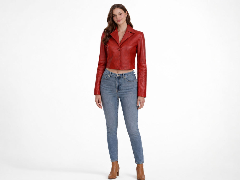 Women’s Red Cropped Lambskin Leather Blazer Jacket Wholesale Custom Private Label Manufacturer front design preview
