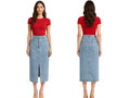Custom Women’s Front-Slit Denim Midi Skirt for Private Labels