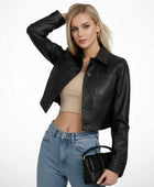 Women’s Black Cropped Real Leather Jacket Wholesale Custom Private Label Leather Outerwear Manufacturer