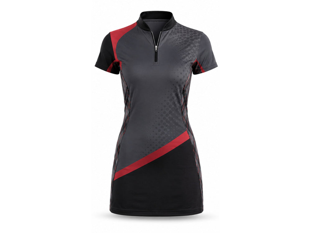 B2B Women's Golf Polo and Skort Set Ladies Golf Uniform Charcoal Red front design preview