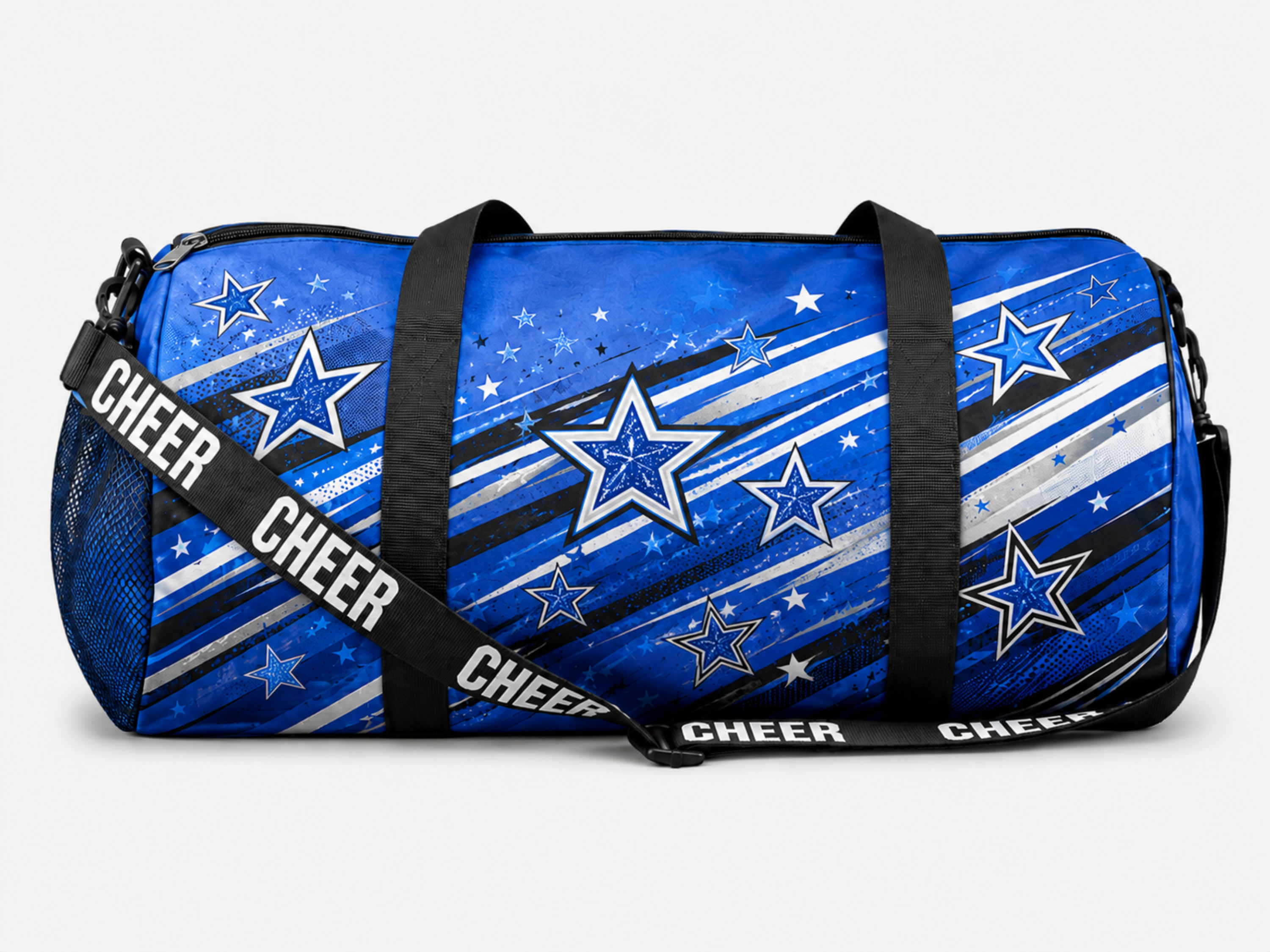 Custom Blue Cheer Duffle Bag – Wholesale Cheer Team Gear Bag with Star Graphics