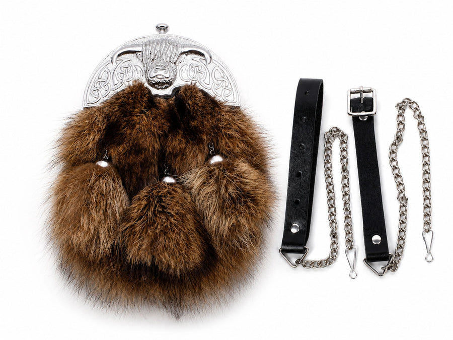 Fox Fur Dress Sporran Brown with Ornamental Silver Cantle | B2B Low MOQ