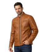 Men’s Cognac Lambskin Leather Cafe Racer Jacket Wholesale Custom Private Label Manufacturer