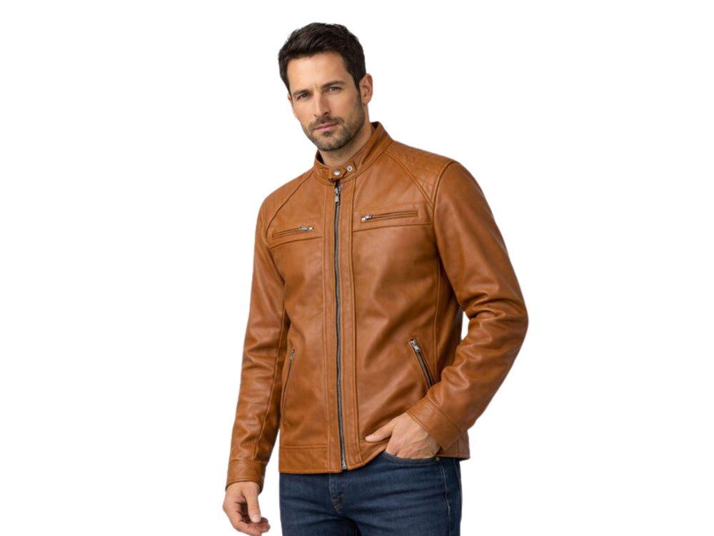 Men’s Cognac Lambskin Leather Cafe Racer Jacket Wholesale Custom Private Label Manufacturer front design preview