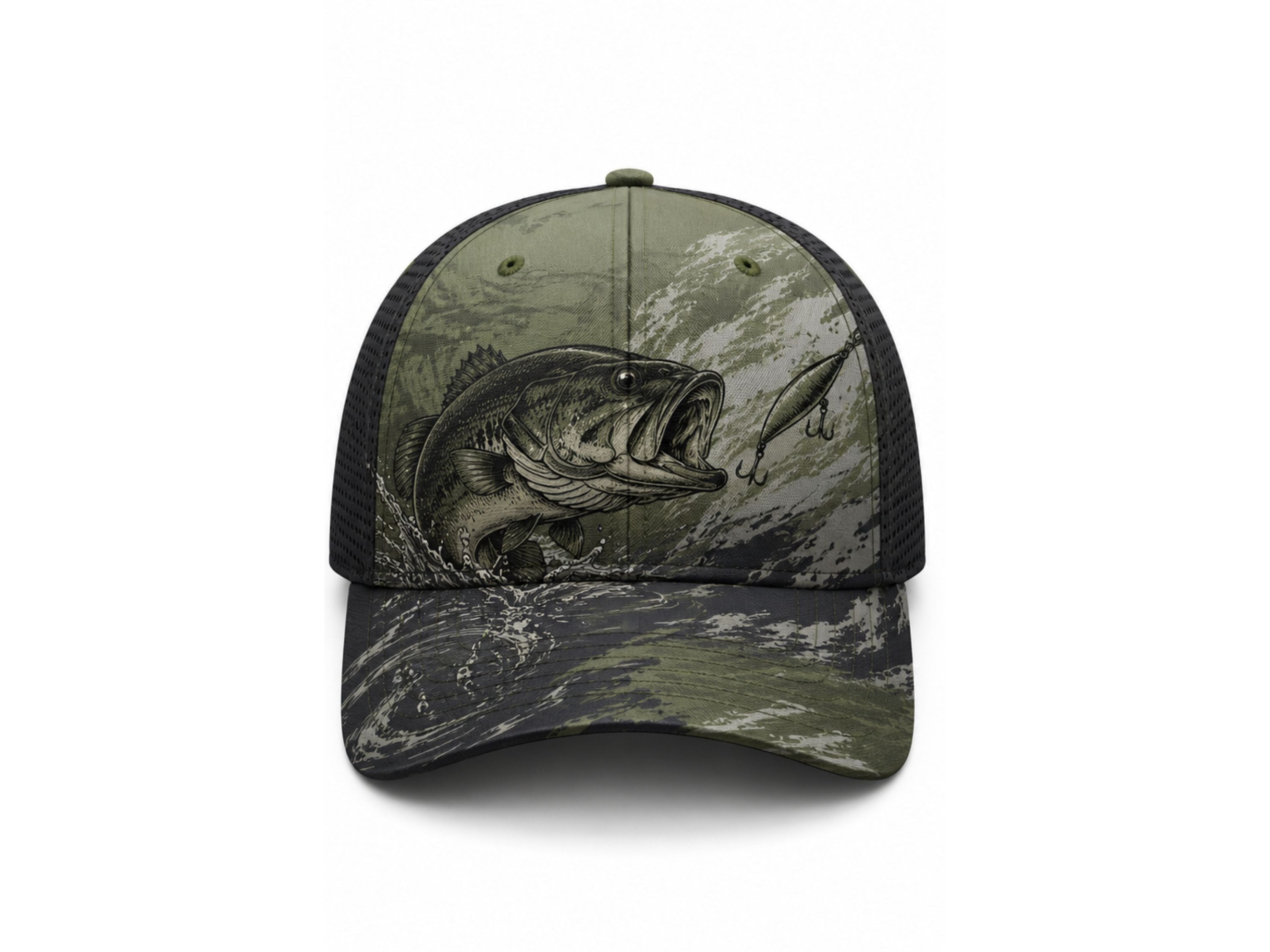 Custom Fishing Cap | Wholesale Fishing Team Hat | Green Camo Bass | Apparels Bridge
