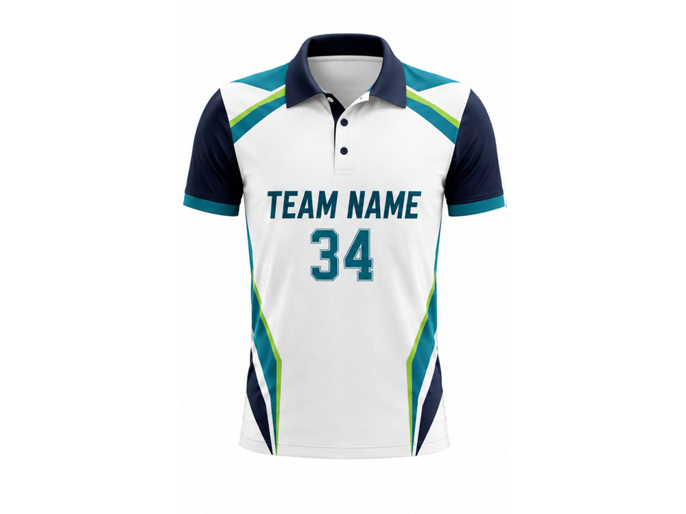 Custom White Cricket Shirt – Sublimated Short Sleeve Team Jersey for Wholesale Clubs front design preview