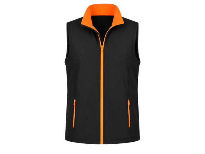 Soft Shell Body Warmer – Black and Orange | B2B Low MOQ Manufacturer front design preview