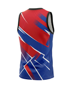 Custom Sublimated Basketball Jersey – Red Blue Geometric Design | Wholesale Basketball Jersey Manufacturer