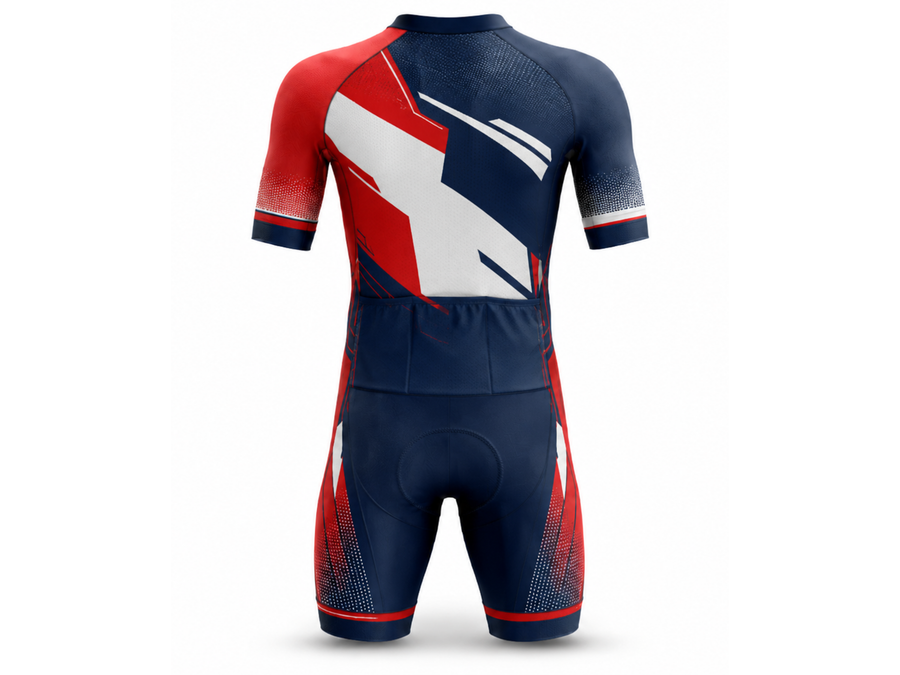 Custom Cycling Skin Suit | Wholesale Aero Race Suit | Red Navy White | Apparels Bridge design preview