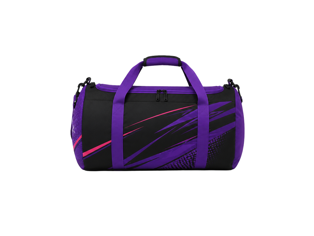 Custom Lacrosse Duffel Bag – Black Purple Wholesale Team Gear Bag front design preview