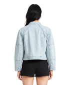 Custom Women’s Collarless Cropped Denim Blue Jacket B2B