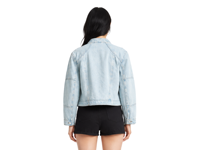 Custom Women’s Collarless Cropped Denim Blue Jacket B2B