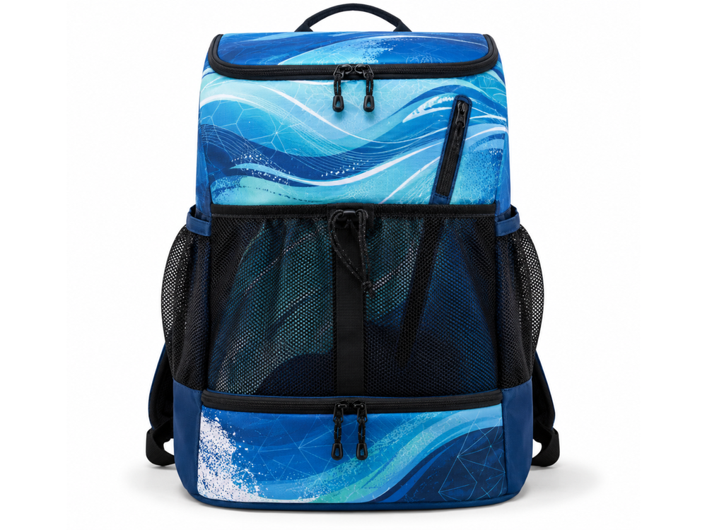 Custom Swim Mesh Backpack – Blue Black Wholesale Team Gear Bag front design preview