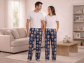 Wholesale Custom Baby Face Polyester Pajama Pants, Blue Unisex Couples Sleepwear Manufacturer for Private Label Brands