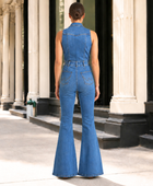 Wholesale Custom Medium Blue Denim Jumpsuit Manufacturer Private Label Zip Front Flare Boilersuit