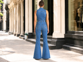 Wholesale Custom Medium Blue Denim Jumpsuit Manufacturer Private Label Zip Front Flare Boilersuit