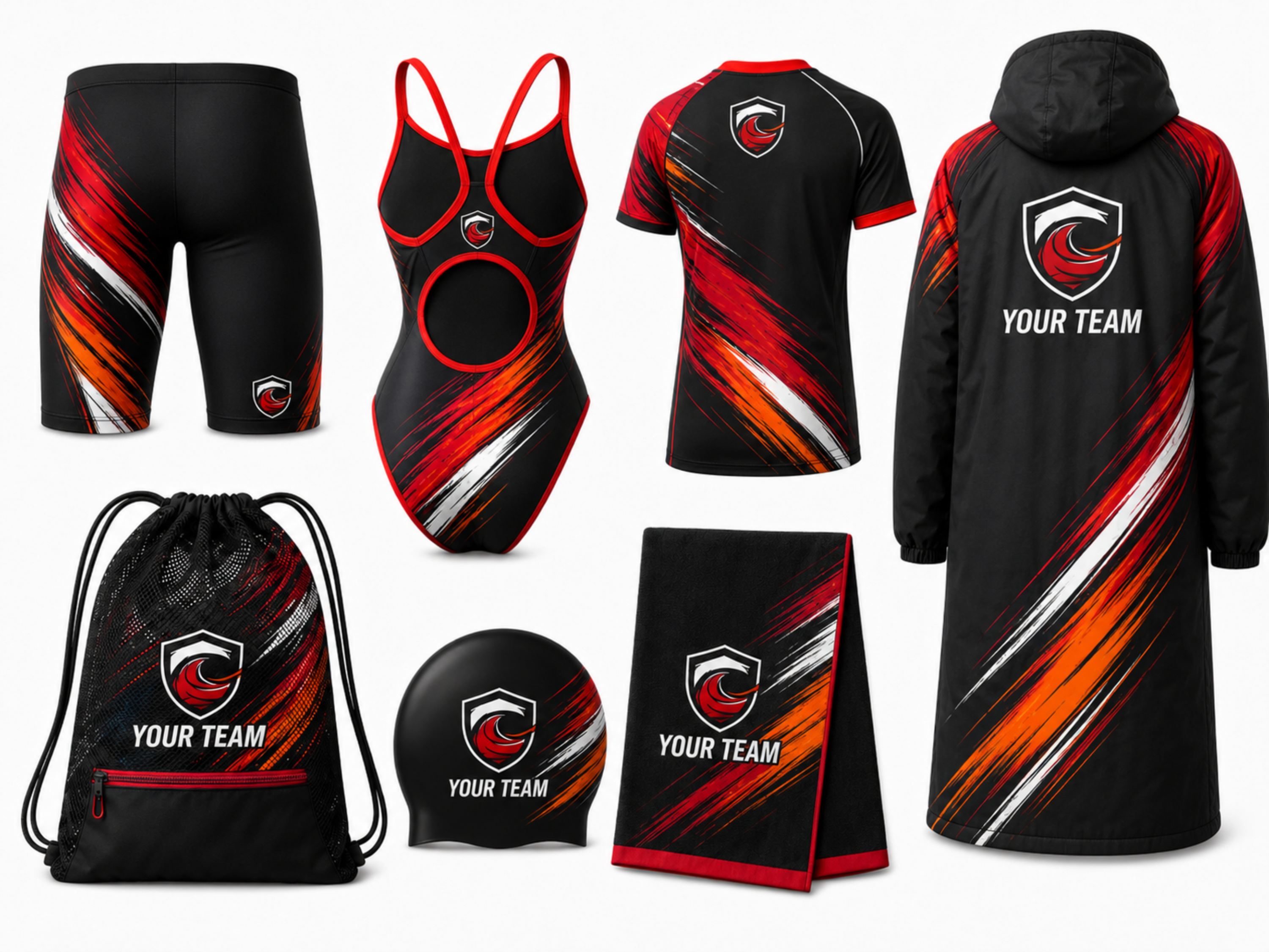 Title: Custom Full Swim Team Package – Black Red Wholesale Team Kit