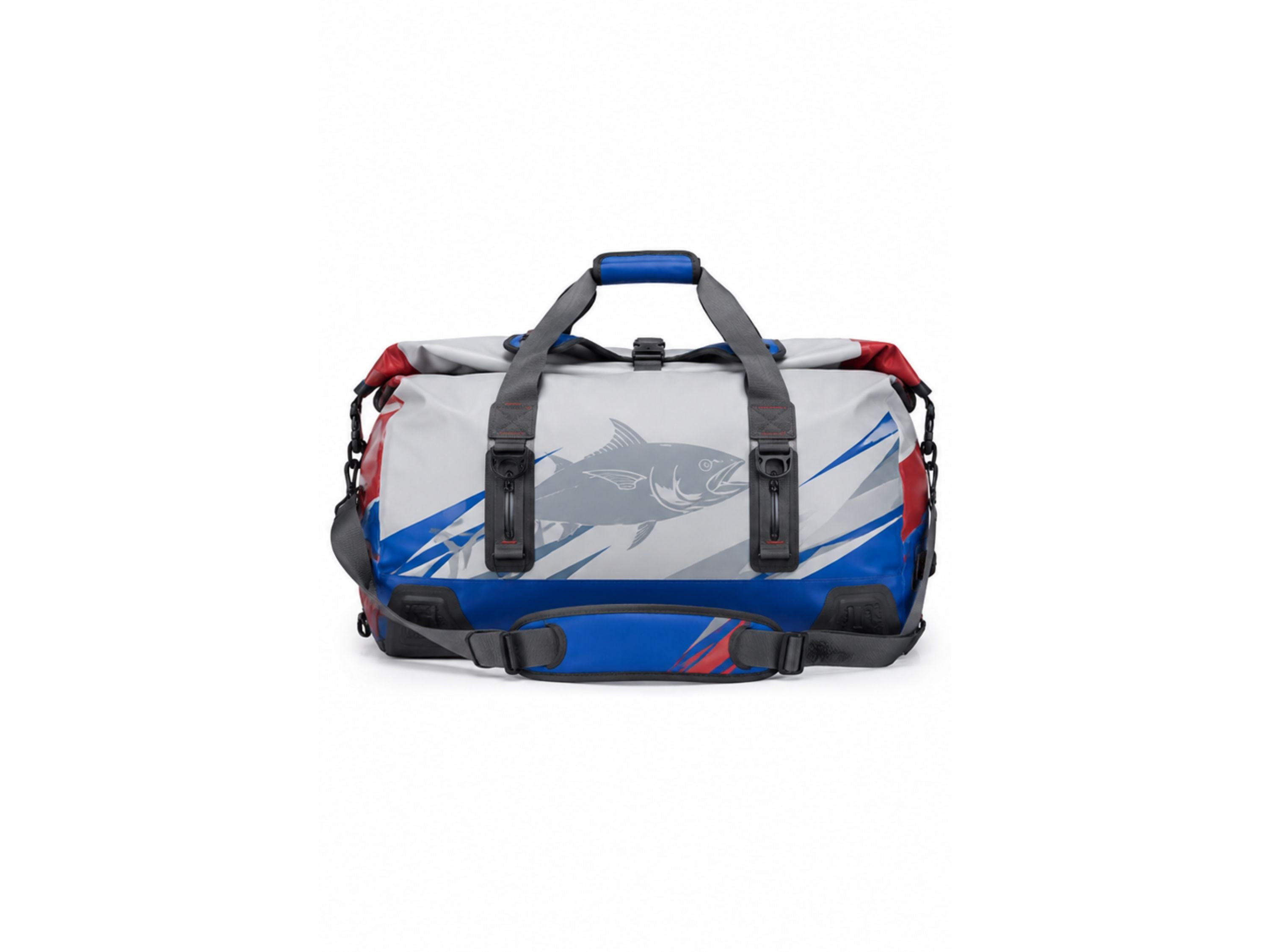 Custom Fishing Duffle Bag | Wholesale Fishing Gear Bag | Navy White Red Shark | Apparels Bridge