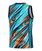 Custom Sublimated Basketball Jersey – Aqua Blue Orange Abstract Design | Wholesale Manufacturer