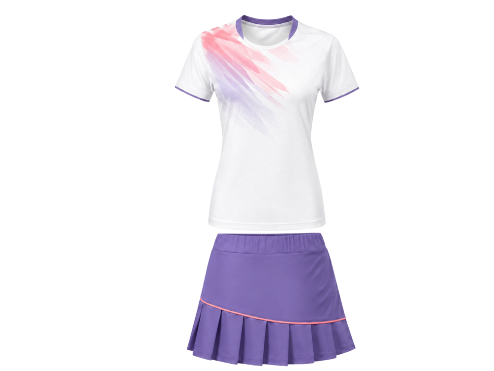 Custom White Purple Badminton Warm-Up Set B2B LOW MOQ Shirt and Skirt Teamwear front design preview