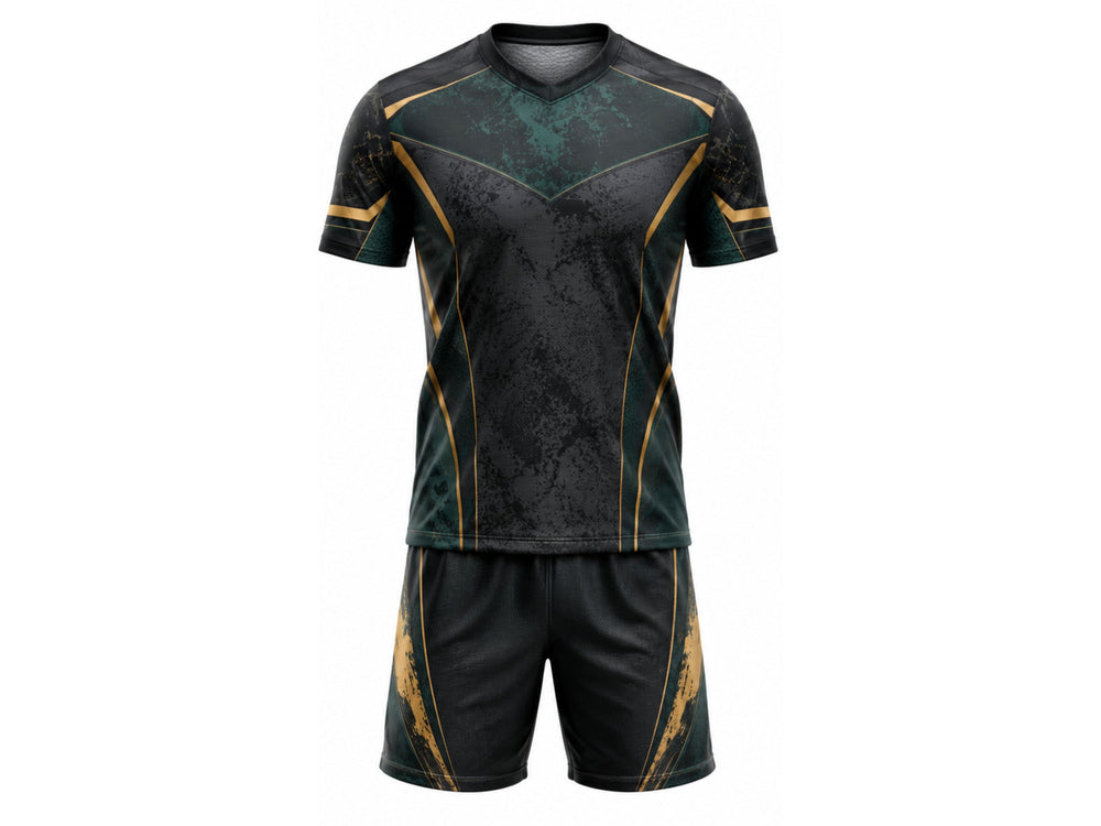 Dark Green & Gold Axe Throwing Uniform Bulk Team Jersey & Shorts Low MOQ Wholesale Performance Set front design preview
