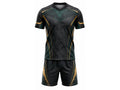 Dark Green & Gold Axe Throwing Uniform – Bulk Team Jersey & Shorts, Low MOQ, Wholesale Performance Set