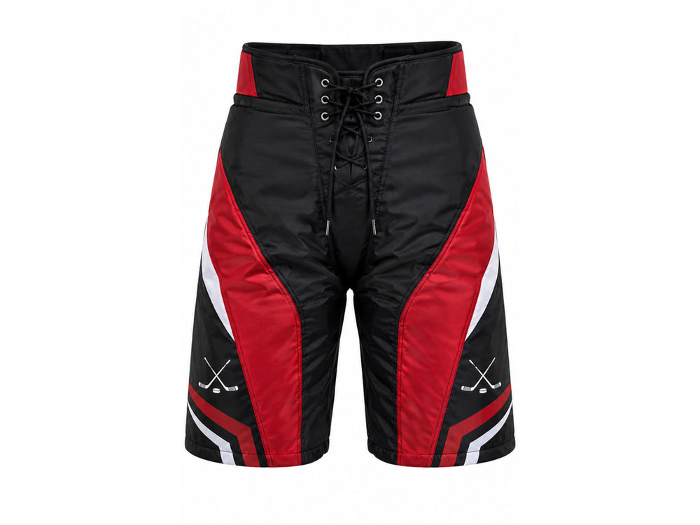 Custom Ice Hockey Pant Shell – Black Red White Sublimated Hockey Pants Shell for Wholesale Orders front design preview