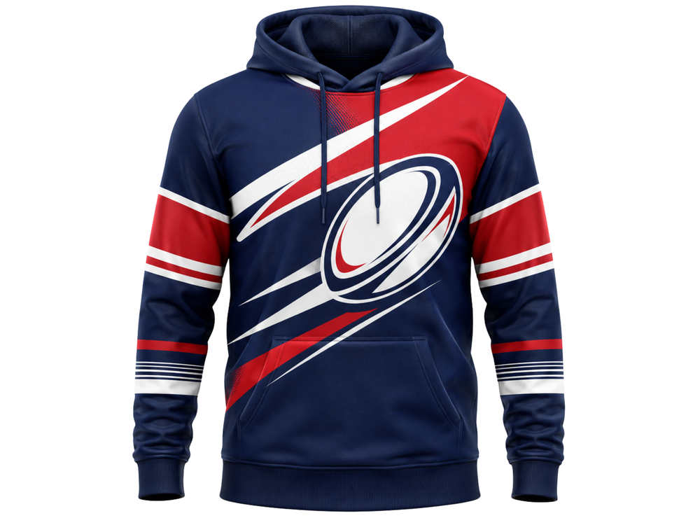 Custom Navy Red Rugby Hoodie | Wholesale Team Supporter Hoodie for Clubs and Bulk Orders front design preview
