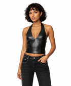 Women’s Black Lambskin Leather Halter Top Wholesale | Custom Private Label Leather Crop Top Manufacturer