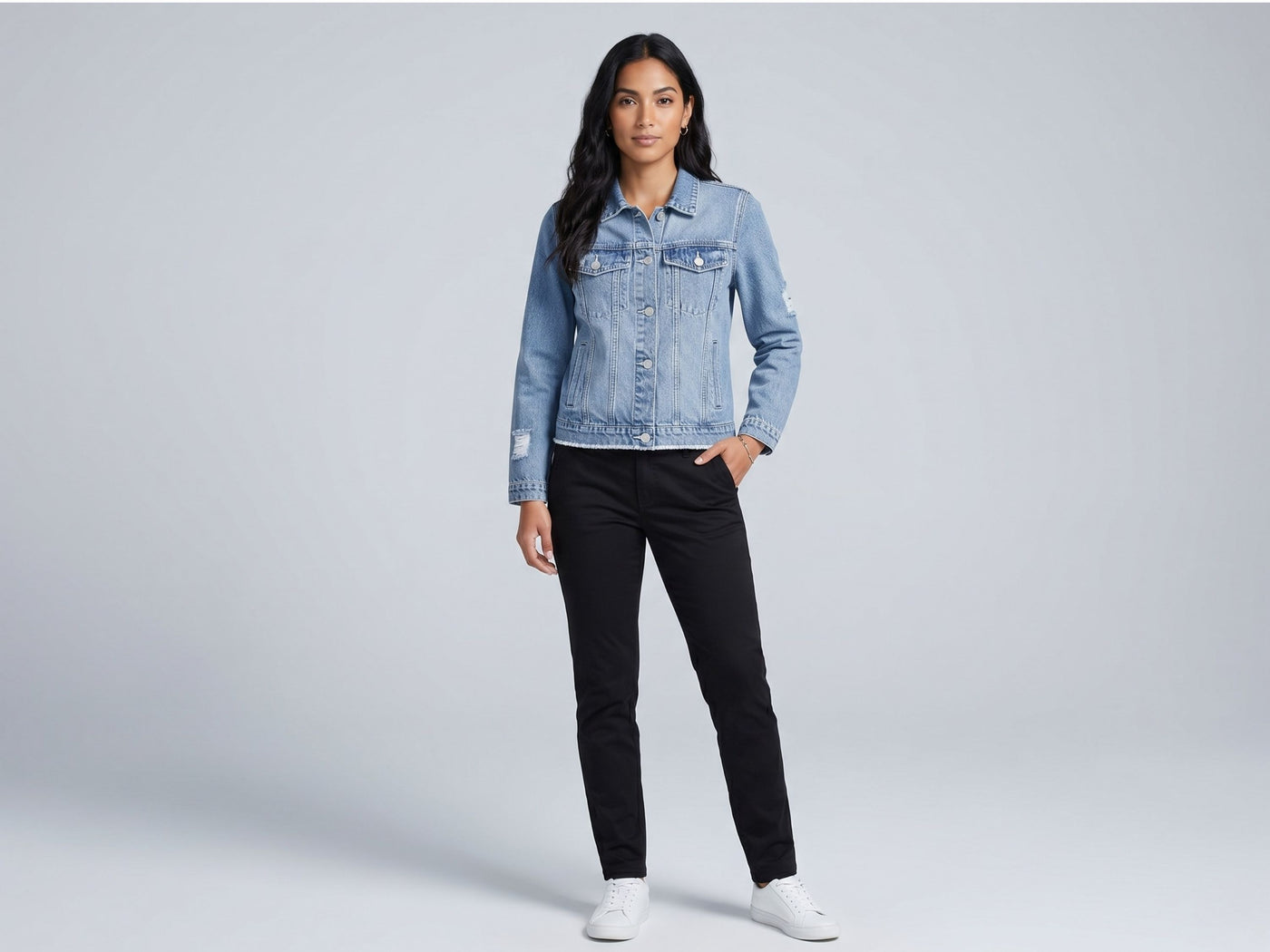 Wholesale Custom Light Blue Cropped Denim Jacket Manufacturer Private Label Distressed Jean Jacket
