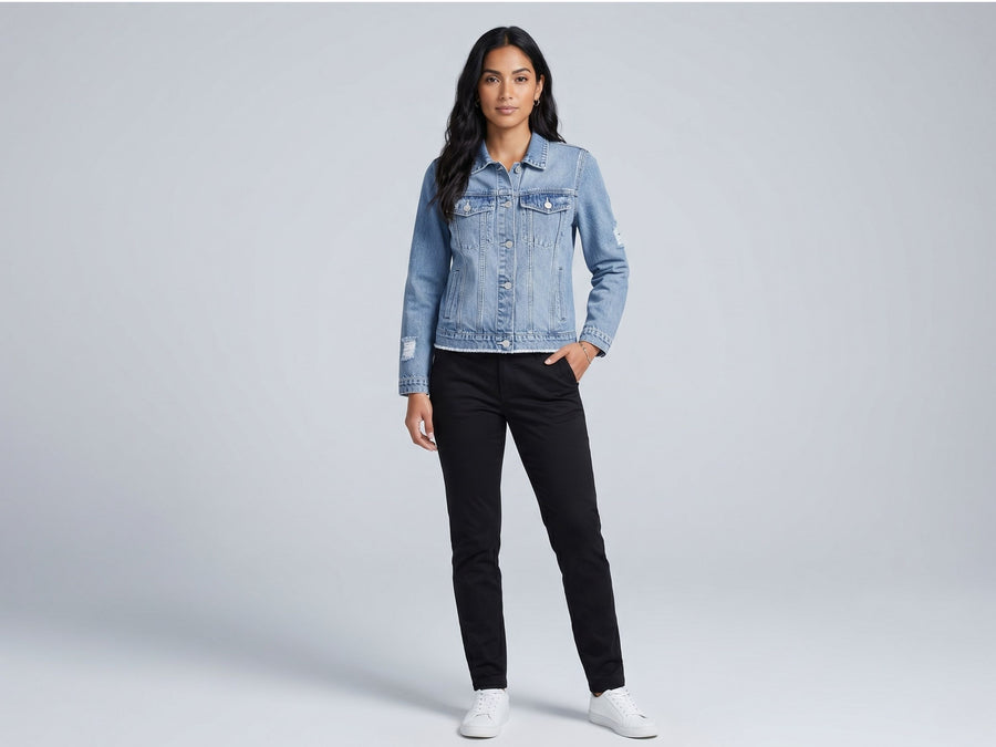 Wholesale Custom Light Blue Cropped Denim Jacket Manufacturer Private Label Distressed Jean Jacket design preview