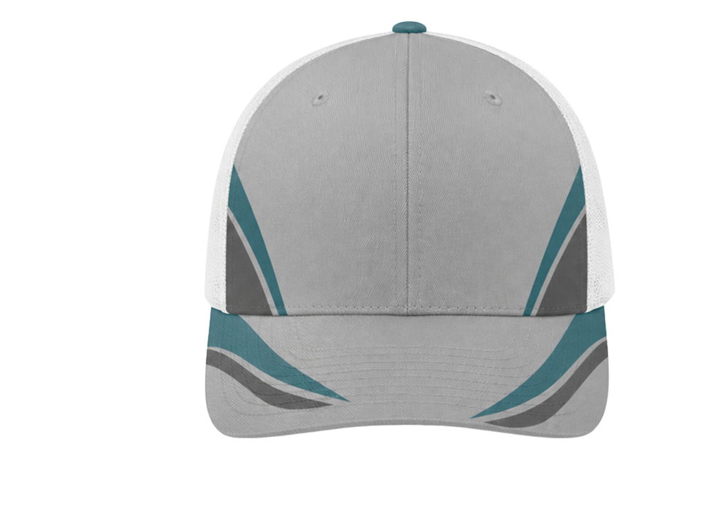 Custom Grey Teal Disc Golf Trucker Cap B2B Wholesale Team Headwear front design preview
