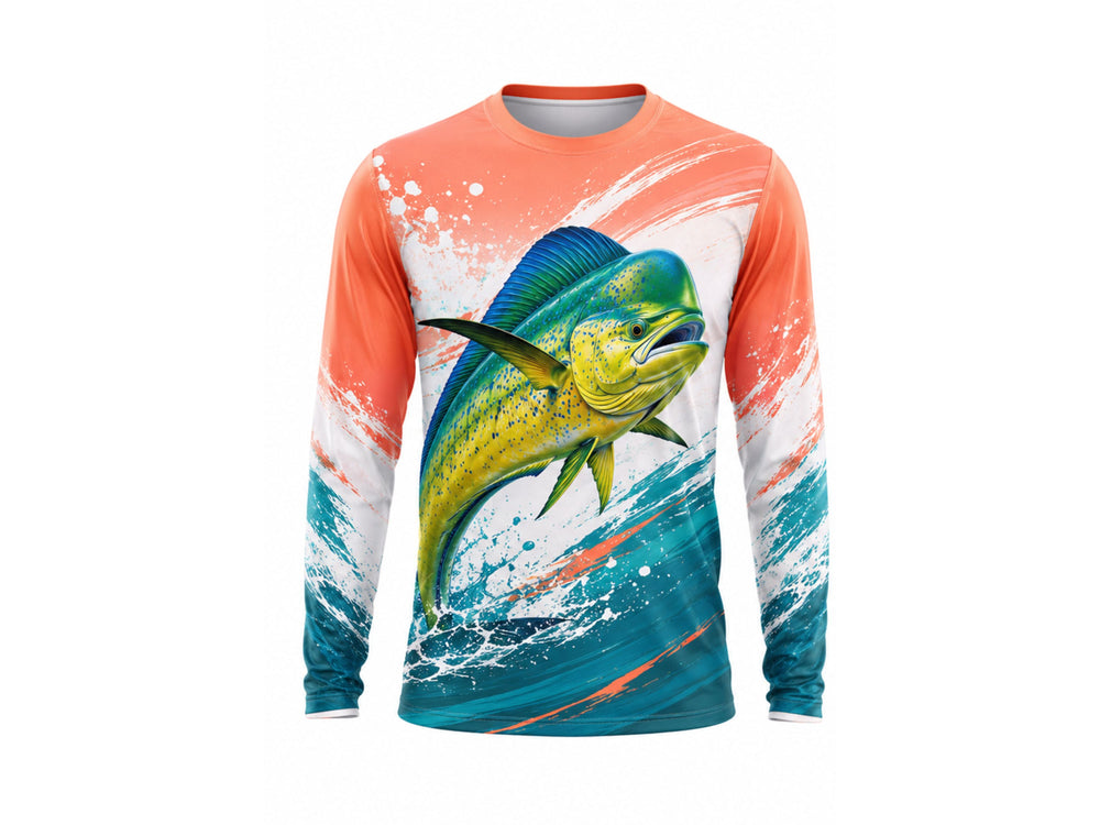 Custom Fishing Long Sleeve Shirt | Wholesale Sun Protection Fishing Shirt | Coral Teal Mahi-Mahi | Apparels Bridge front design preview