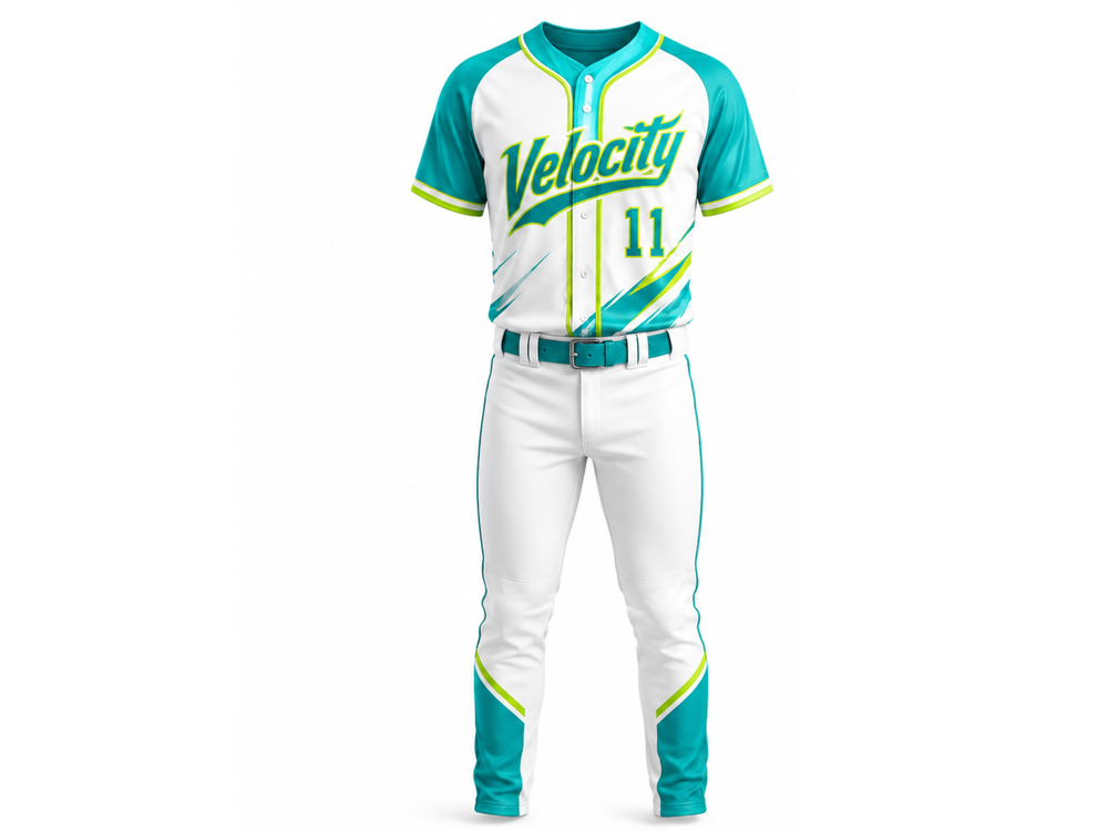 Custom White Teal Lime Baseball Uniform | Wholesale Team Jersey and Pants Set for Bulk Orders front design preview