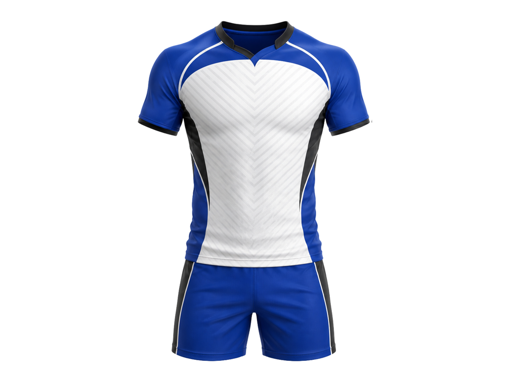 Custom White Blue Rugby Sevens Kit | Wholesale Rugby 7s Jersey Shorts Set front design preview