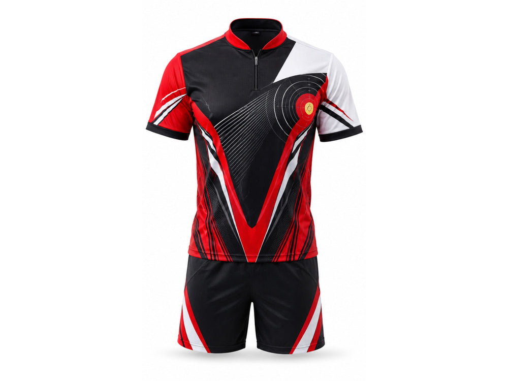 B2B Archery Uniform Bulk Team Jersey & Shorts Black Red & White Performance Set front design preview